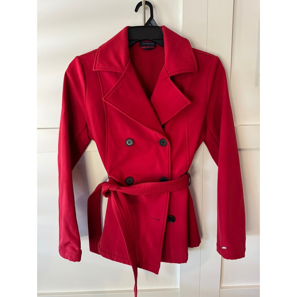 Tommy Hilfiger Womens Red Double Breasted Belted Fleece Lined Pea Coat Size M